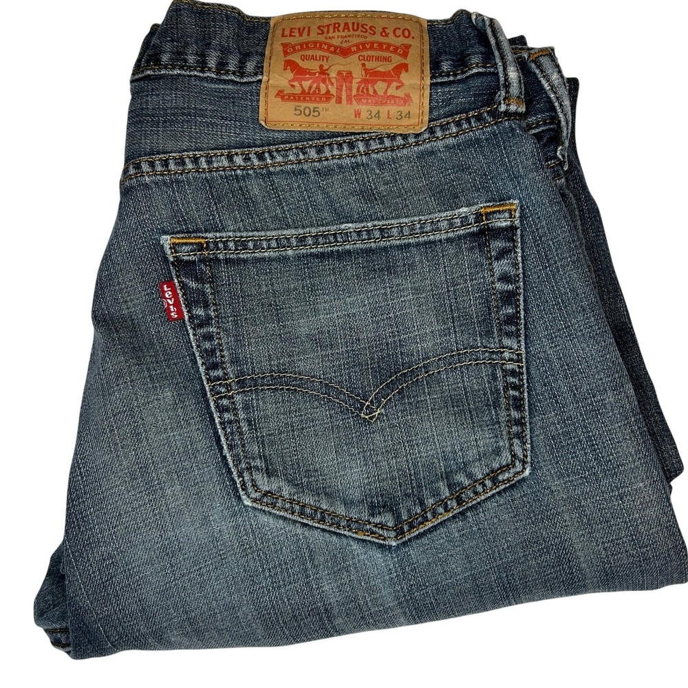 Levi's 505 Men's Jeans W34 L33 Blue Denim Straight Fit Distressed Cotton Pants